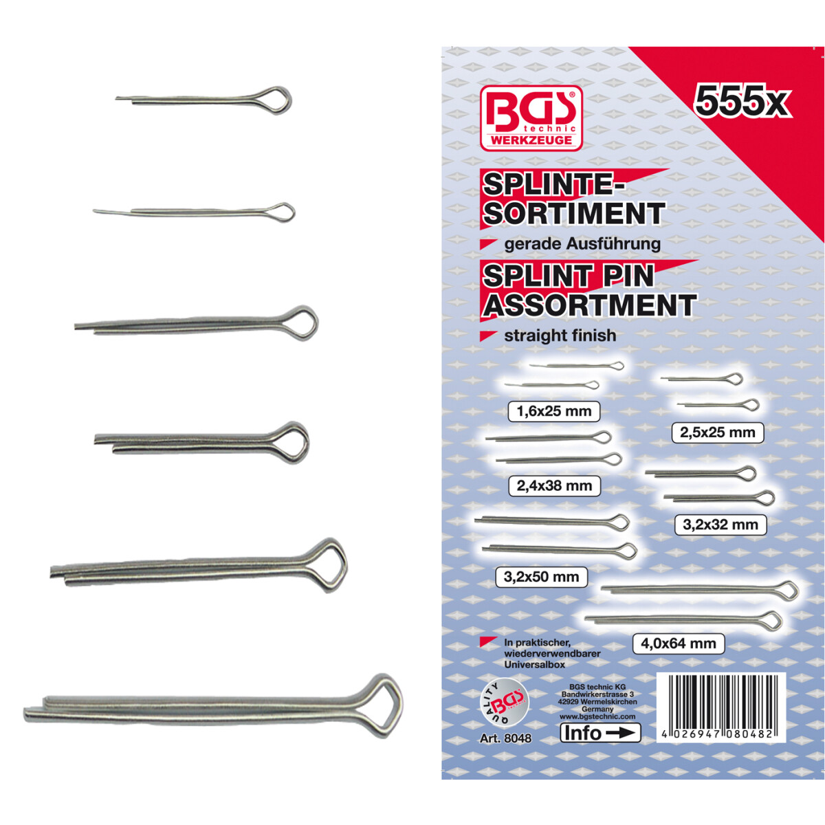 BGS Splinte-Sortiment | Ø 1,6 - 4,0 mm | 555-tlg. (BGS 8048)