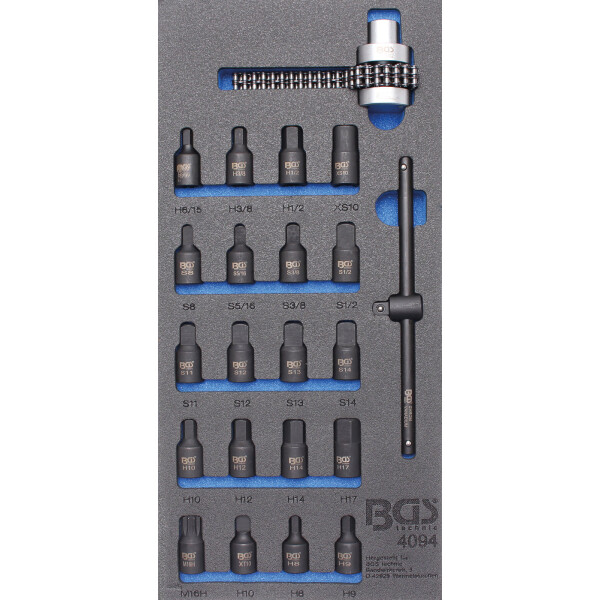 BGS Tool Tray 1/3: Oil Pan Sockets / Oil Filter Chain Wrench | 22 pcs. (BGS 4094)