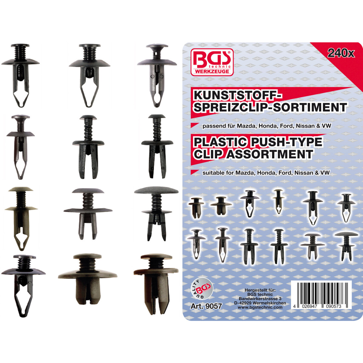 BGS Plastic Push-Type Clip Assortment for Mazda, Honda, Ford