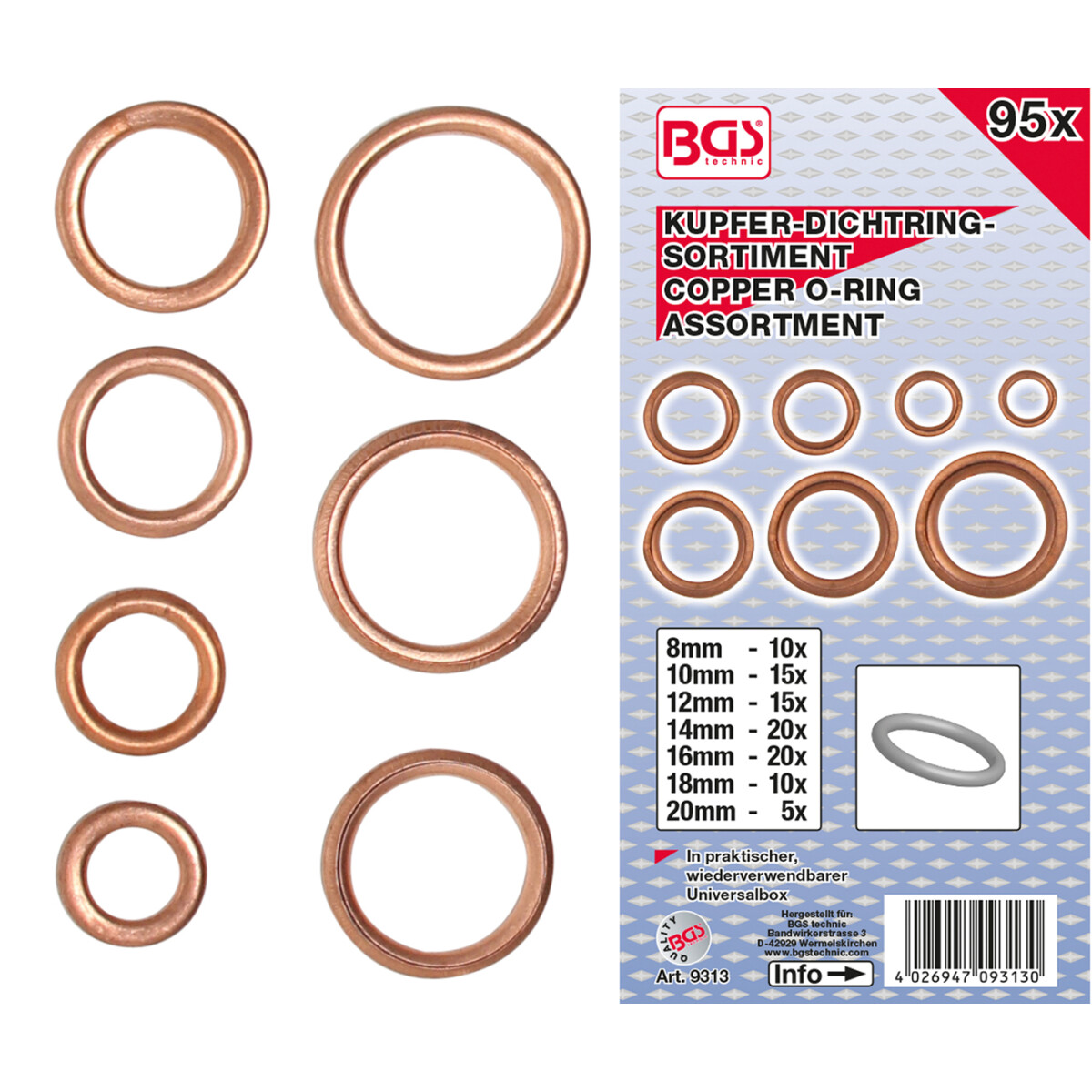 BGS O-Ring Assortment | Copper | Ã? 6 - 20 mm | 95 pcs. (BGS 9313)